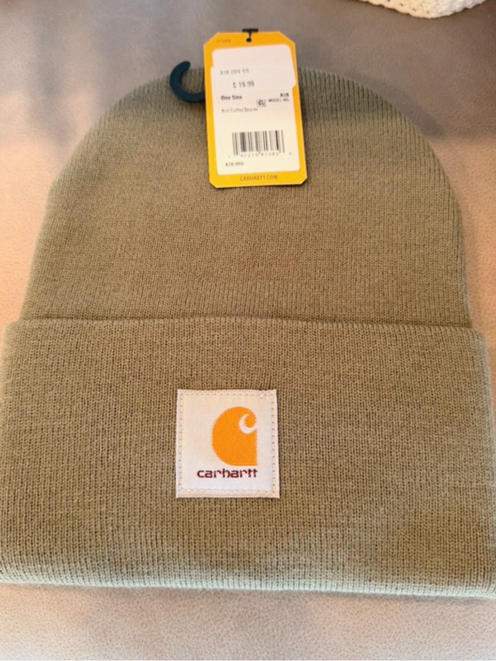 Carhartt Olive Green Cuffed Knit Beanie with Logo Patch